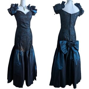 Vintage 80s Whimsygoth Lace Taffeta Prom Dress With Dramatic Bow Detail Sz 4/6